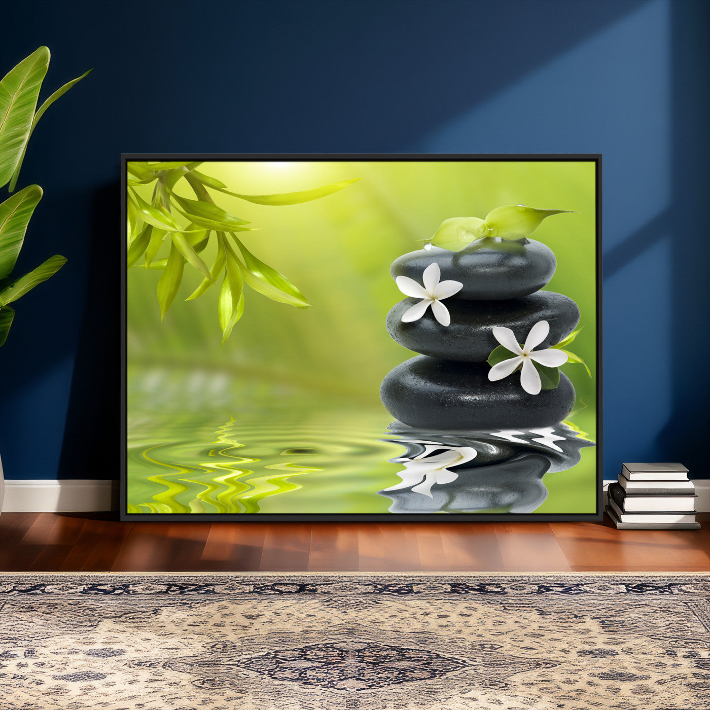51106626-MGV-CV-36X24 - Plumeria Frangipani Black Stone Canvas | White Flower Spa Photography Print | Tropical Zen Wall Art | Grey Pebble Floral for Meditation Yoga Room Decor
