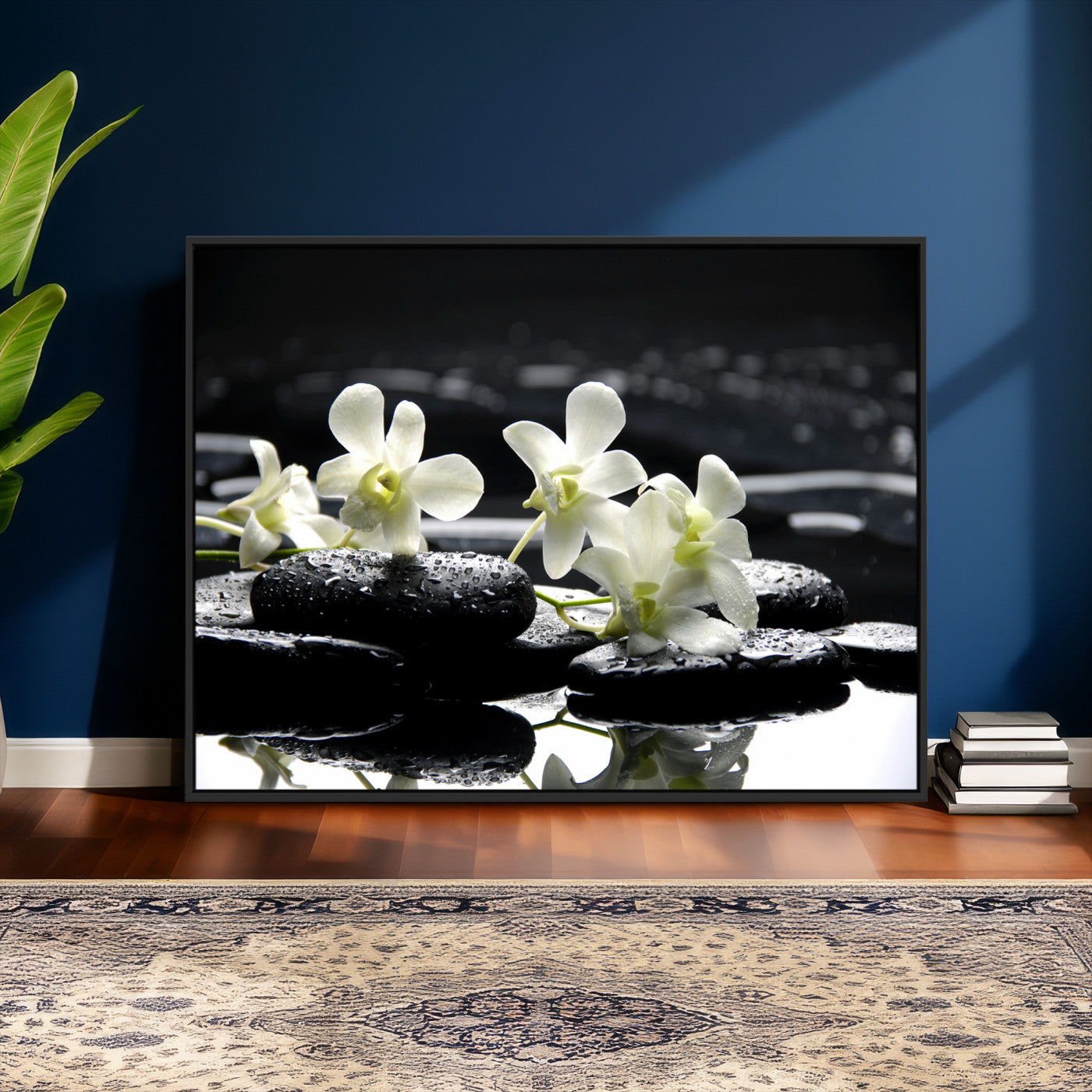 79486206-MGV-CV-36X24 - Plumeria Frangipani Black Stone Canvas | White Flower Spa Photography Print | Tropical Zen Wall Art | Grey Pebble Floral for Meditation Room Decor