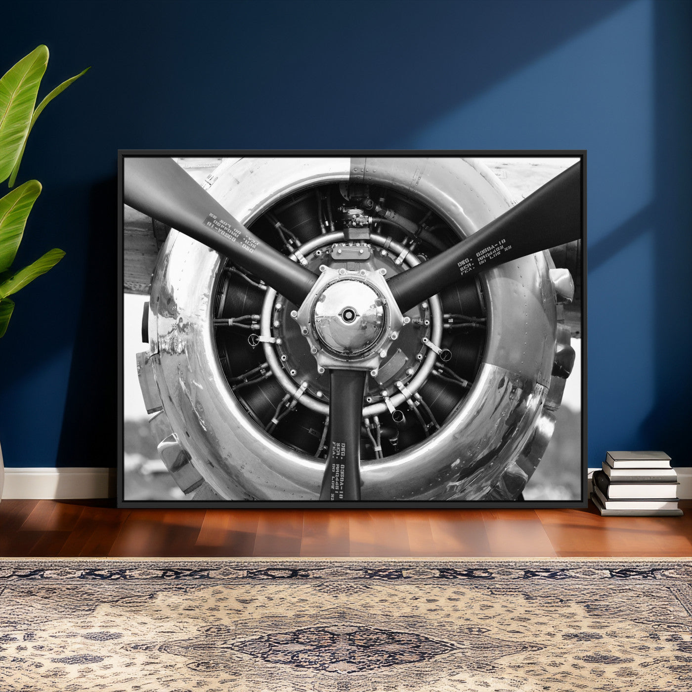 73322230-MGV-CV-36X24 - Vintage Propeller Plane Wall Art Canvas Print, Black and White Airplane Engine Close Up Framed Aviation Artwork for Pilot Office Hangar Decor