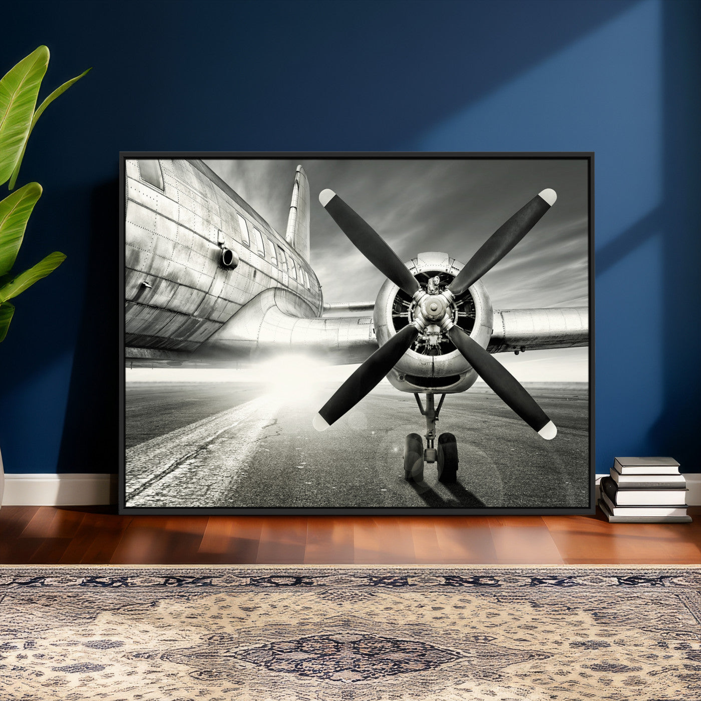 16420255-MGV-CV-36X24 - Vintage Airplane Wall Art Canvas Print, Black and White Propeller Aircraft Framed Aviation Artwork for Pilot Office Hangar Living Room Decor
