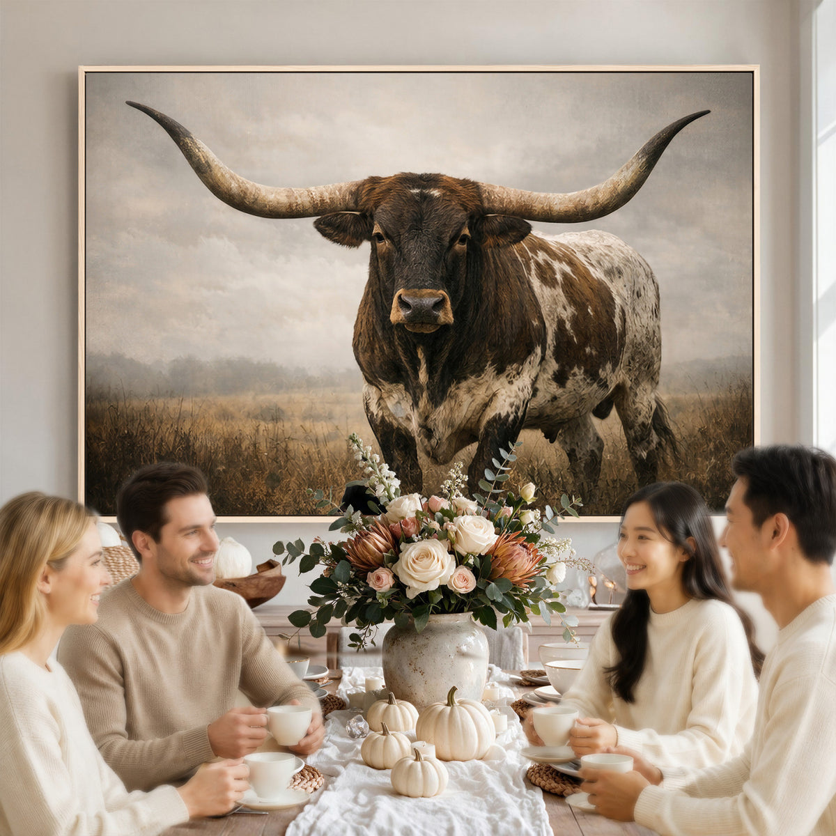 17622011L-_Poster-30x20 - Longhorn Bull Wall Art Canvas Print, Western Farmhouse Decor
