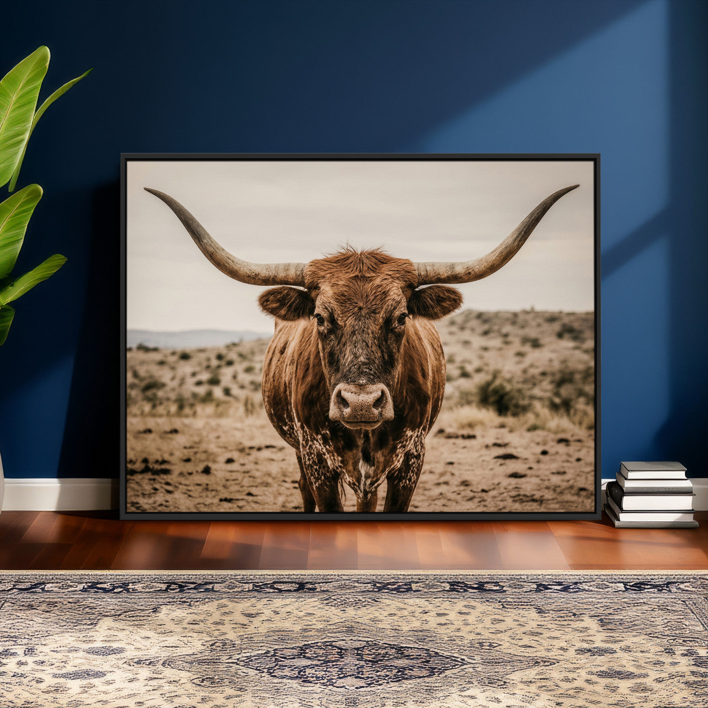 17622011K-MGV-CV-36X24 - Texas Longhorn Bull Wall Art Canvas Print, Western Farmhouse Cowboy Decor, Rustic Texas Ranch Cattle Artwork for Living Room Bedroom Office, Framed Wall Decor