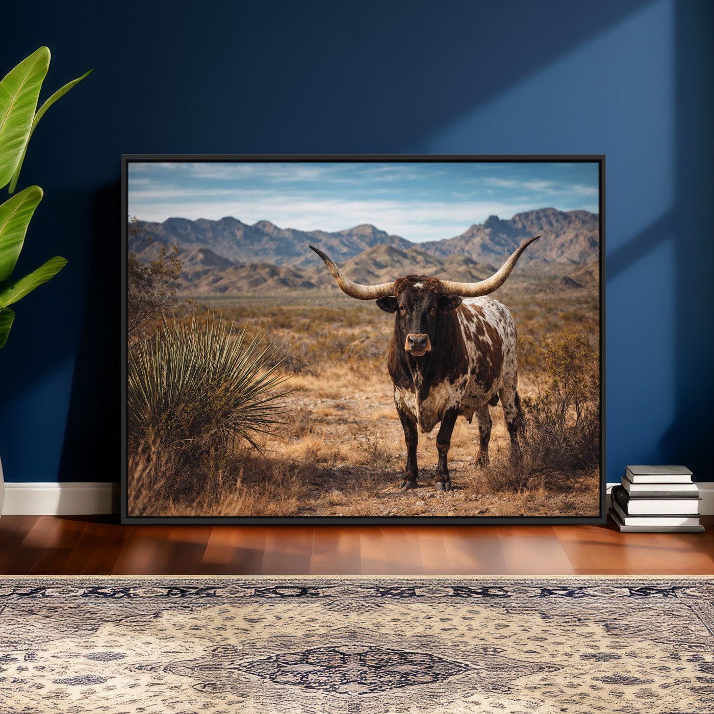 17622011S-MGV-CV-36X24 - Texas Longhorn Bull Wall Art Canvas Print, Western Farmhouse Cowboy Decor, Rustic Texas Ranch Cattle Artwork for Living Room Bedroom Office, Framed Wall Decor