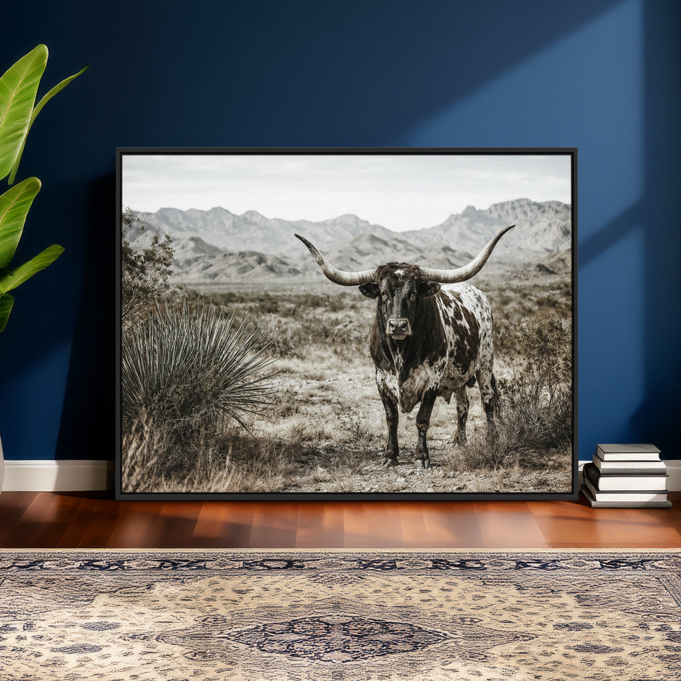 17622011H-MGV-CV-36X24 - Texas Longhorn Bull Wall Art Canvas Print, Western Farmhouse Cowboy Decor, Rustic Texas Ranch Cattle Artwork for Living Room Bedroom Office, Framed Wall Decor