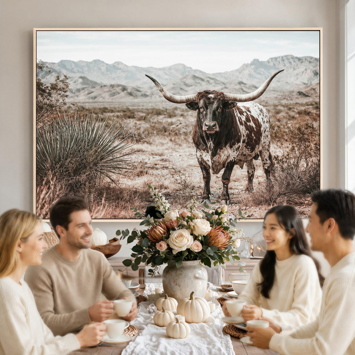 17622011H-MGV-CV-36X24 - Texas Longhorn Bull Wall Art Canvas Print, Western Farmhouse Cowboy Decor, Rustic Texas Ranch Cattle Artwork for Living Room Bedroom Office, Framed Wall Decor