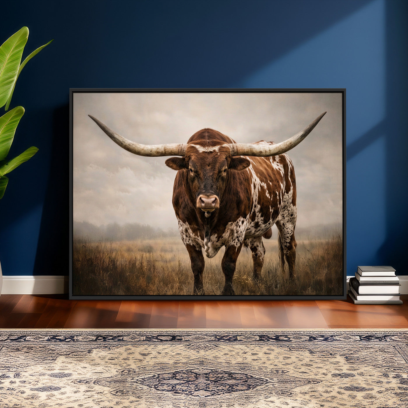 25239047-MGV-CV-36X24 - Texas Longhorn Canvas Wall Art Western Bull Desert Moody Grey Overcast Rustic Farmhouse Framed Large for Living Room Bedroom Office Decor