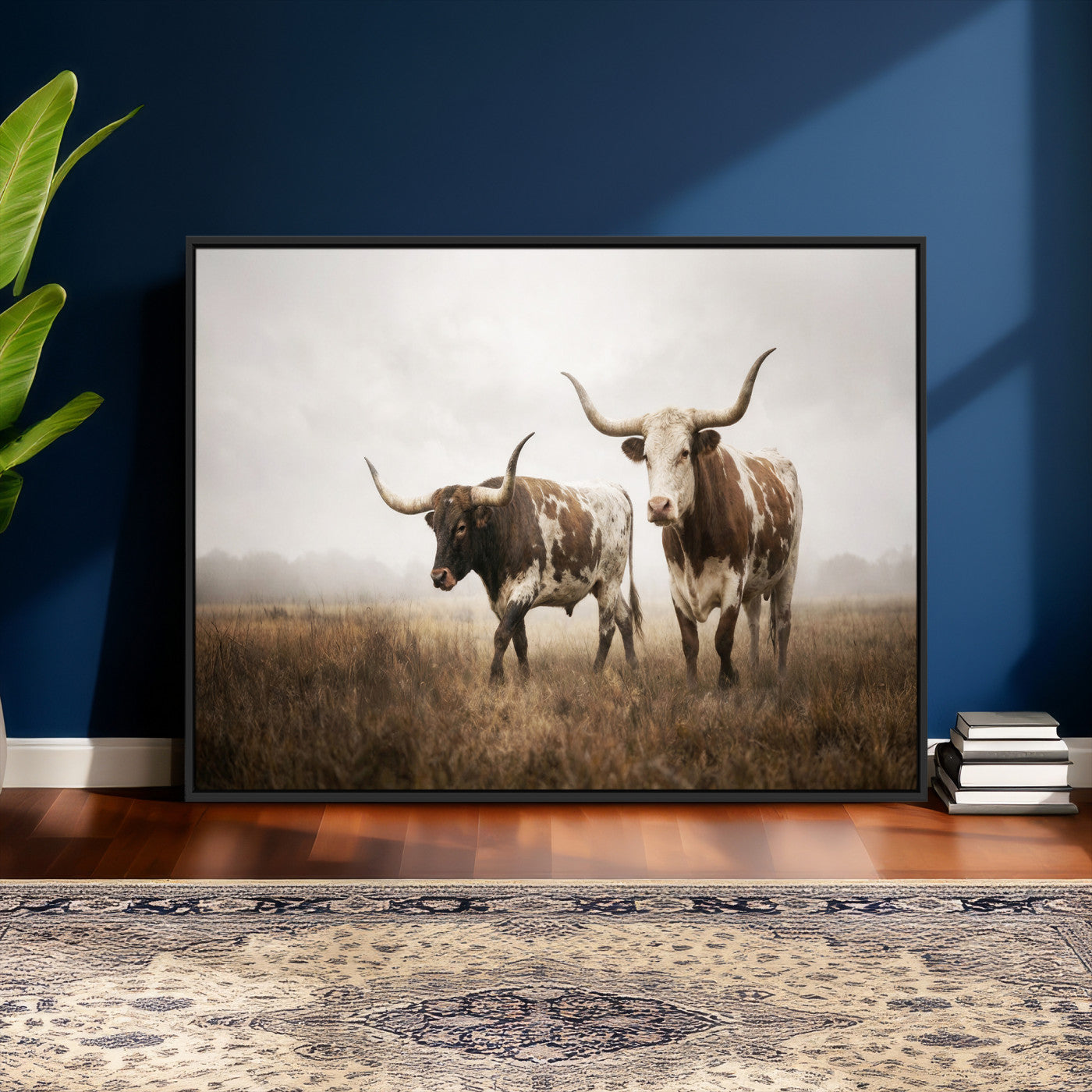 92881702-MGV-CV-36X24 - Texas Longhorn Canvas Wall Art Western Bull Desert Moody Grey Overcast Rustic Farmhouse Framed Large for Living Room Bedroom Office Decor