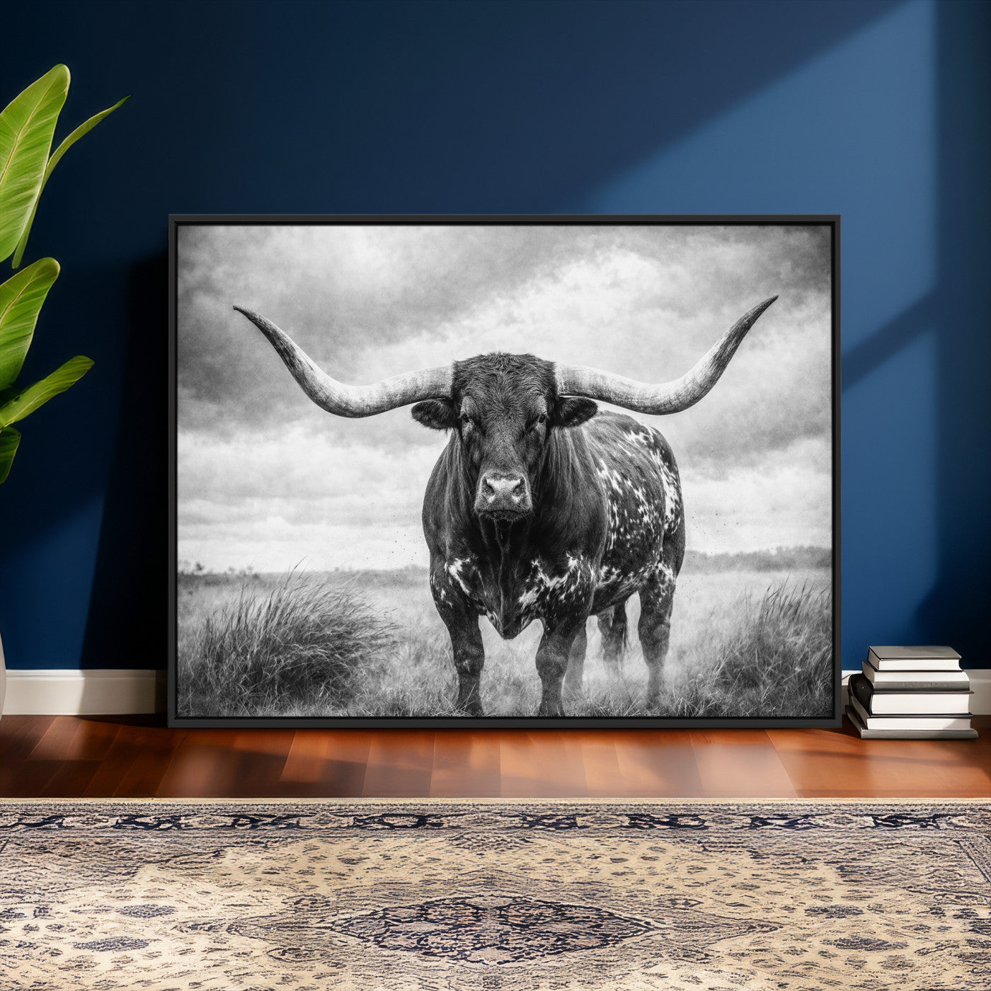 19951238-MGV-CV-36X24 - Texas Longhorn Canvas Wall Art Western Bull Desert Moody Grey Overcast Rustic Farmhouse Framed Large for Living Room Bedroom Office Decor