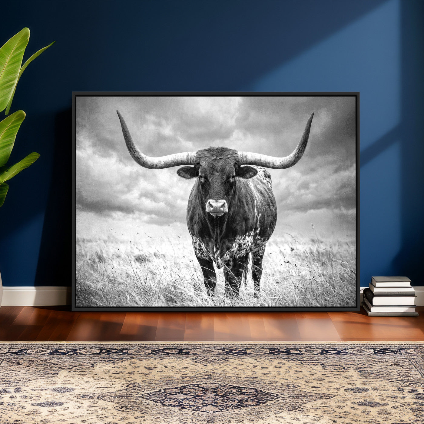 63336115-MGV-CV-36X24 - Texas Longhorn Canvas Wall Art Western Bull Desert Moody Grey Overcast Rustic Farmhouse Framed Large for Living Room Bedroom Office Decor