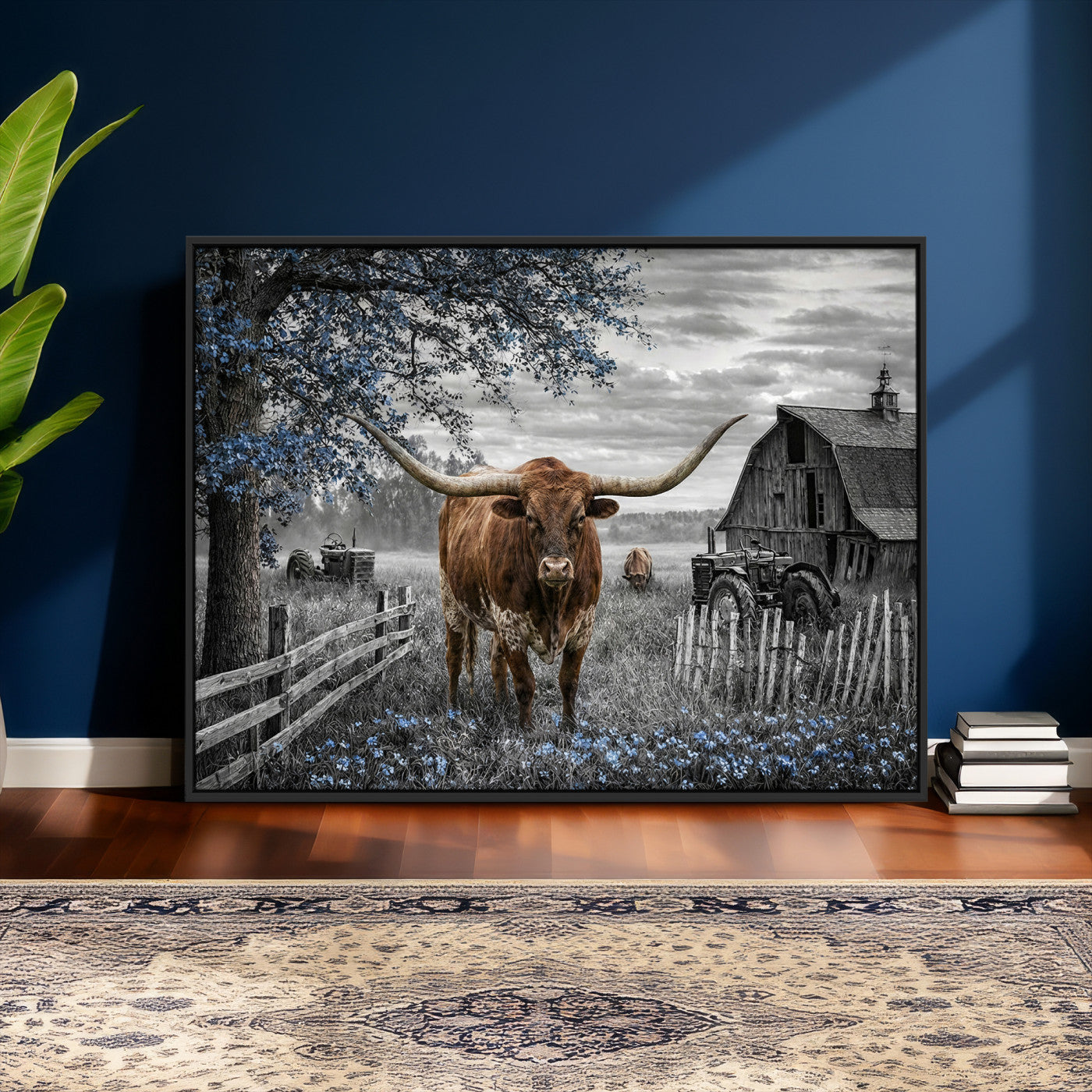 19366343-MGV-CV-36X24 - Texas Longhorn Canvas Wall Art, Rustic Farm Barn Bluebonnet Photography Print, Farmhouse Country Decor, Western Ranch Art, Old Truck Tractor Print