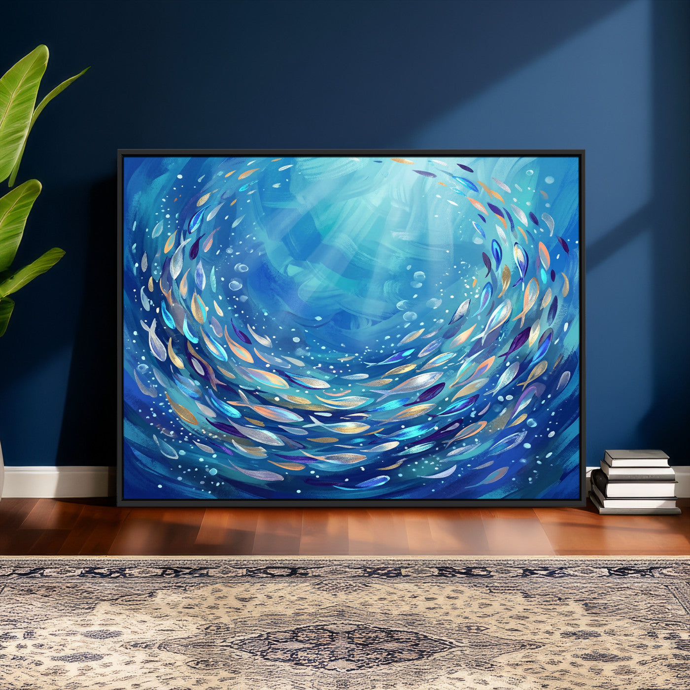 78699899-MGV-CV-36X24 - School of Fish Canvas Print | Blue Ocean Underwater Wall Art | Swirling Fish Shoal Illustration | Marine Navy Coastal Decor