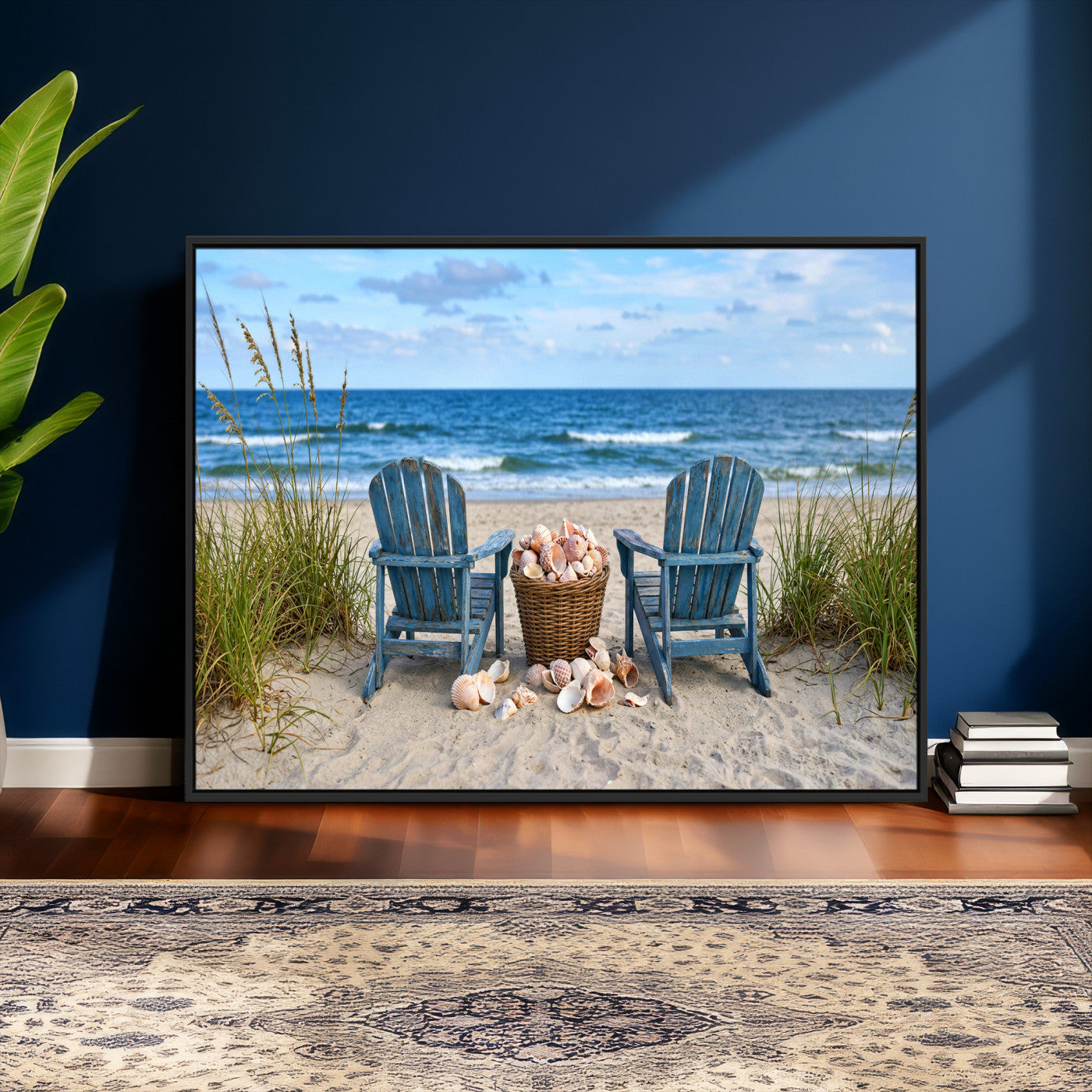 80268829-MGV-CV-36X24 - Large Beach Canvas Wall Art Coastal Adirondack Chairs Ocean Seashells Blue Nautical Framed Large for Living Room Bedroom Bathroom Decor