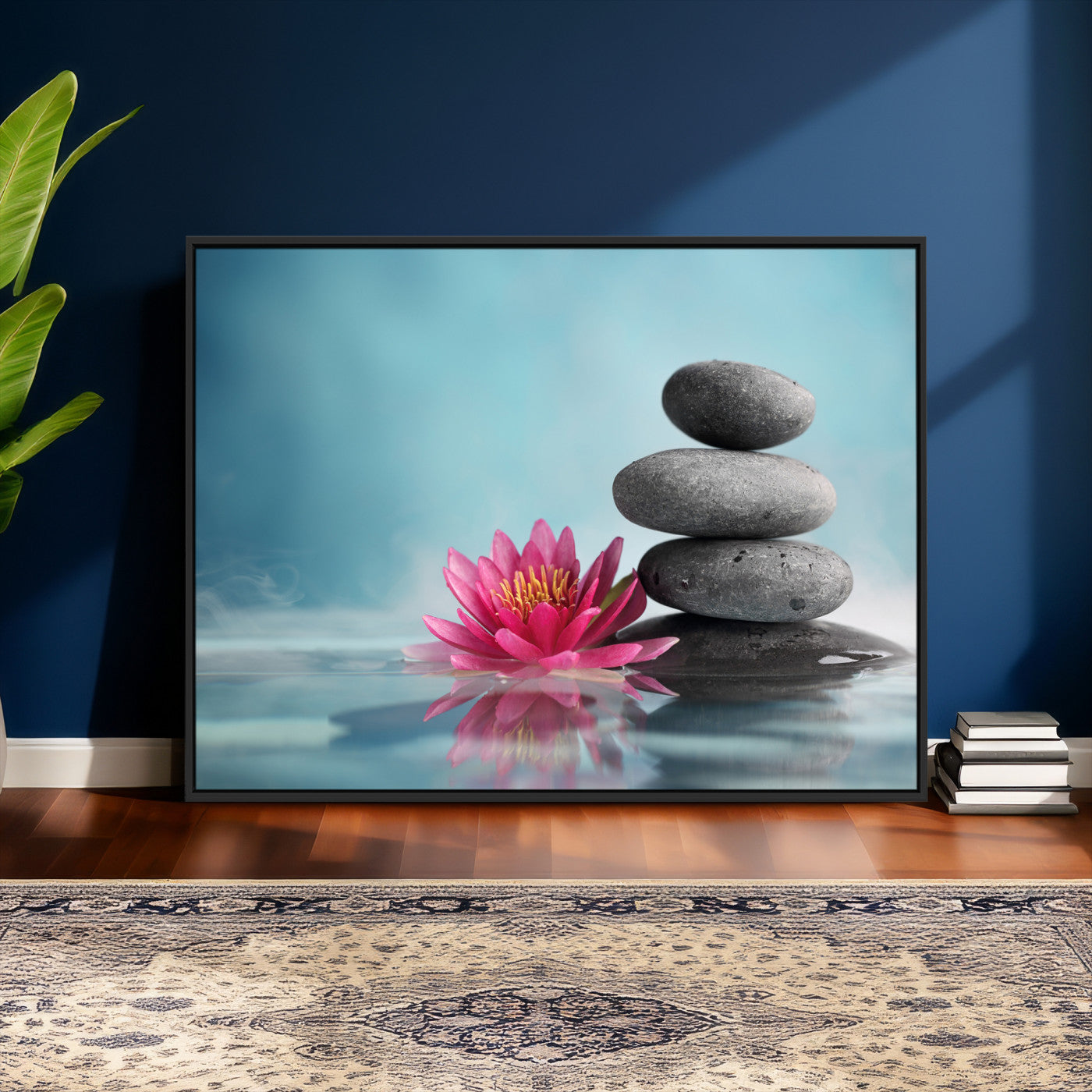 84293154-MGV-CV-36X24 - Zen Canvas Wall Art Lotus Flower Stacked Stones Teal Spa Meditation Relaxation Framed Large for Bathroom Bedroom Living Room Office Decor