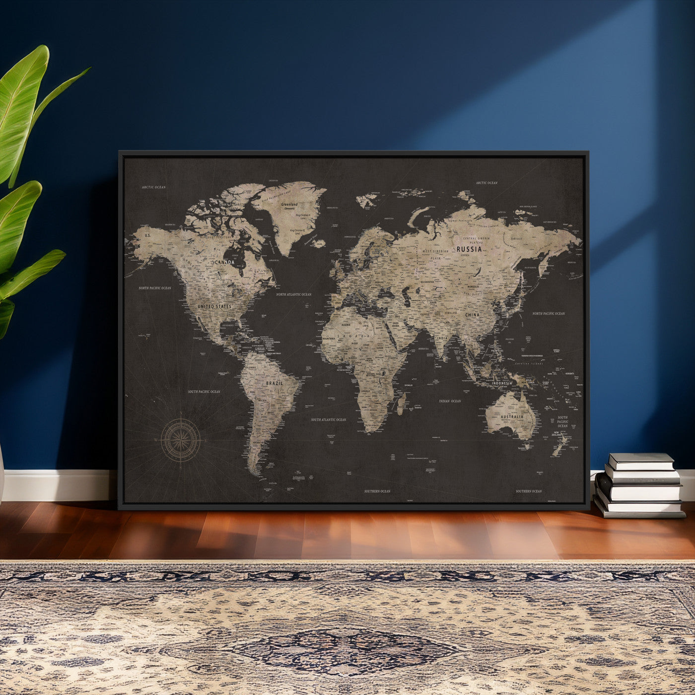 56556018136-MGV-CV-36X24 - World Map Canvas Wall Art Dark Charcoal Antique Tan Detailed Every Country Labeled Framed Large for Home Office Living Room Bedroom Decor