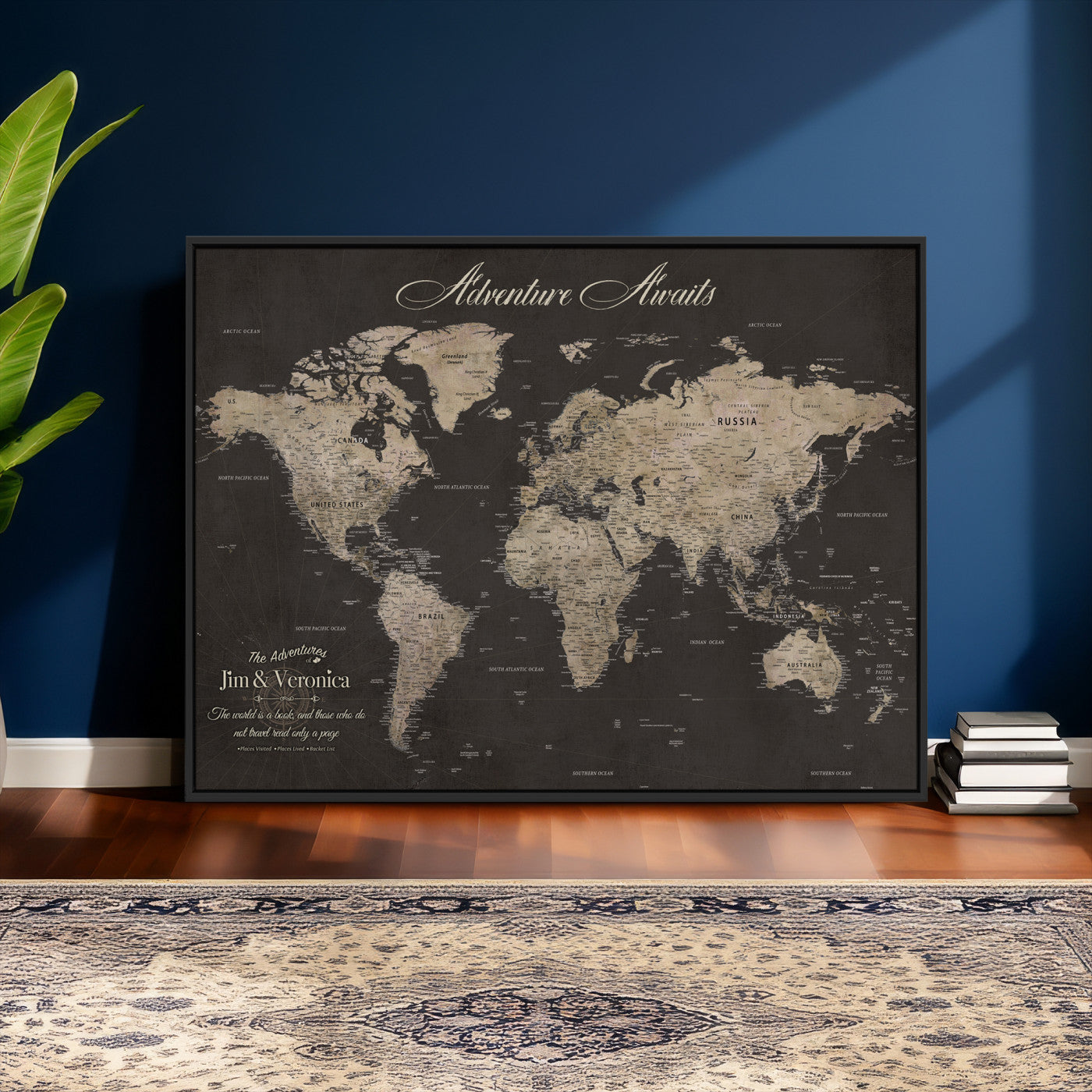 56556018136C-MGV-CV-36X24 - Custom World Map with Pins Canvas Wall Art Dark Charcoal Antique Tan Detailed Every Country Labeled Framed Large for Home Office Living Room Bedroom Decor