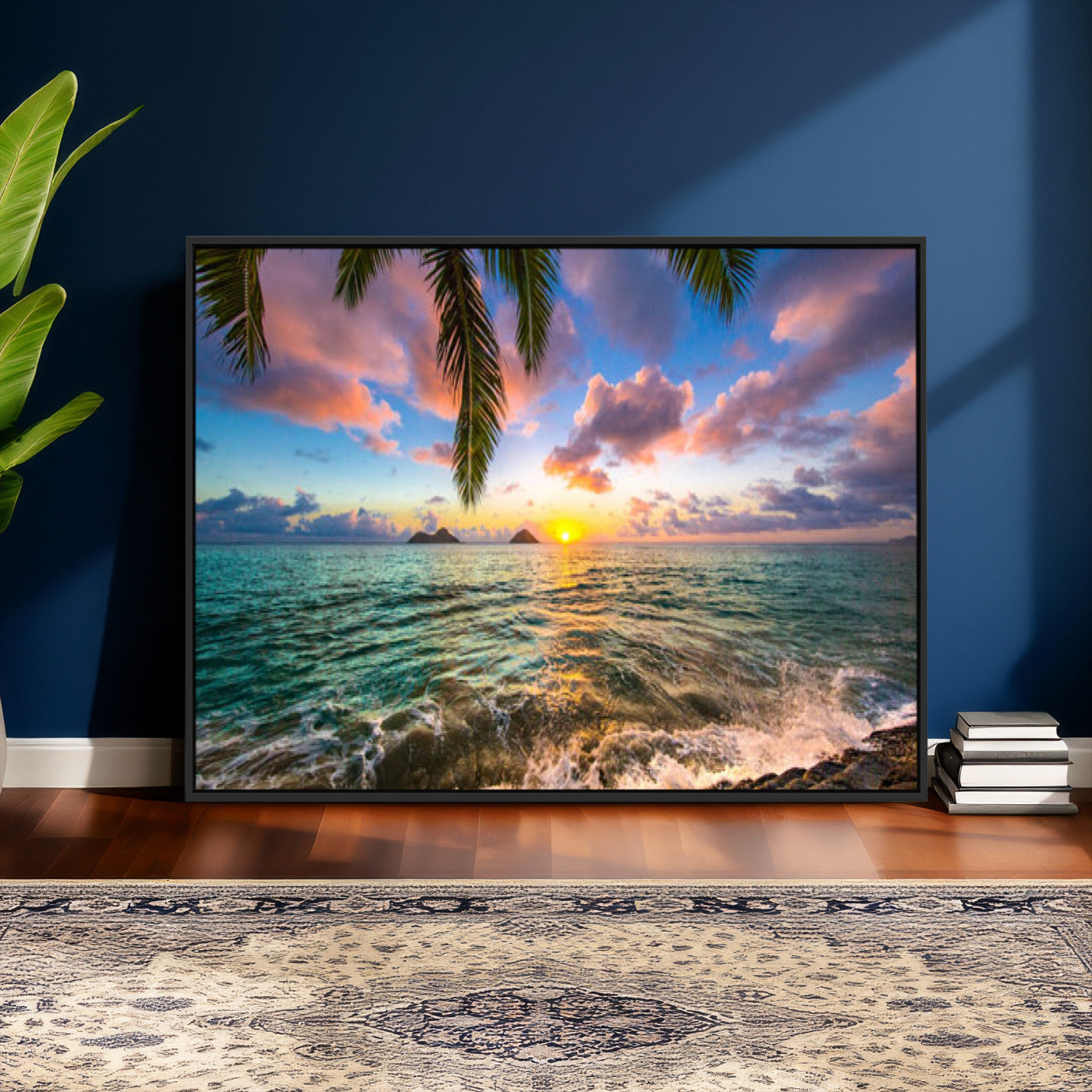 13207742-MGV-CV-36X24 - Hawaii Beach Sunset Canvas Wall Art Print, Tropical Ocean Landscape Artwork, Palm Tree Coastal Decor for Living Room Bedroom