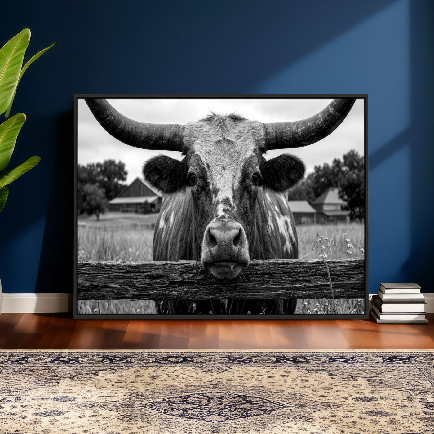 59378683B-MGV-CV-36X24 - Black White Texas Longhorn Bull Canvas Wall Art, Western Ranch Cattle Photography Print, Rustic Farmhouse Cowboy Decor Artwork