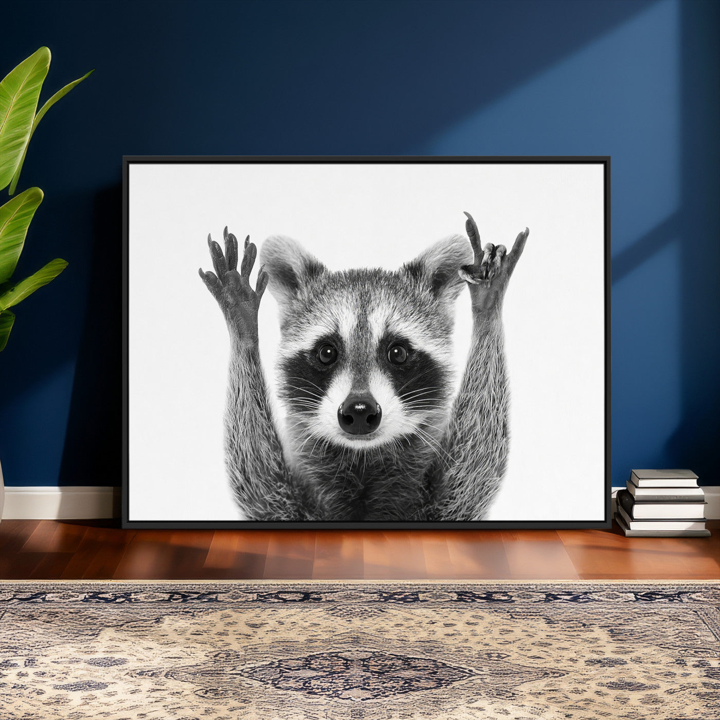 82392228-MGV-CV-36X24 - Funny Raccoon Canvas Wall Art, Black White Hands Up Animal Photo Print, Humorous Wildlife Decor, Kids Room Nursery Art, Quirky Animal Gift