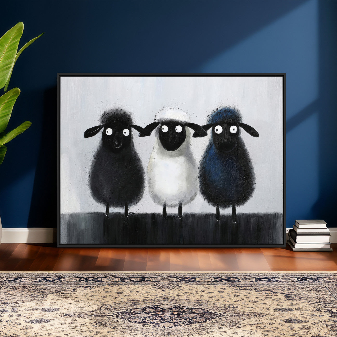 45650028-MGV-CV-36X24 - Funny Sheep Canvas Wall Art, Three Quirky Sheep Painting Print, Cute Animal Nursery Decor, Black White Navy Farmhouse Art, Kids Room Gift