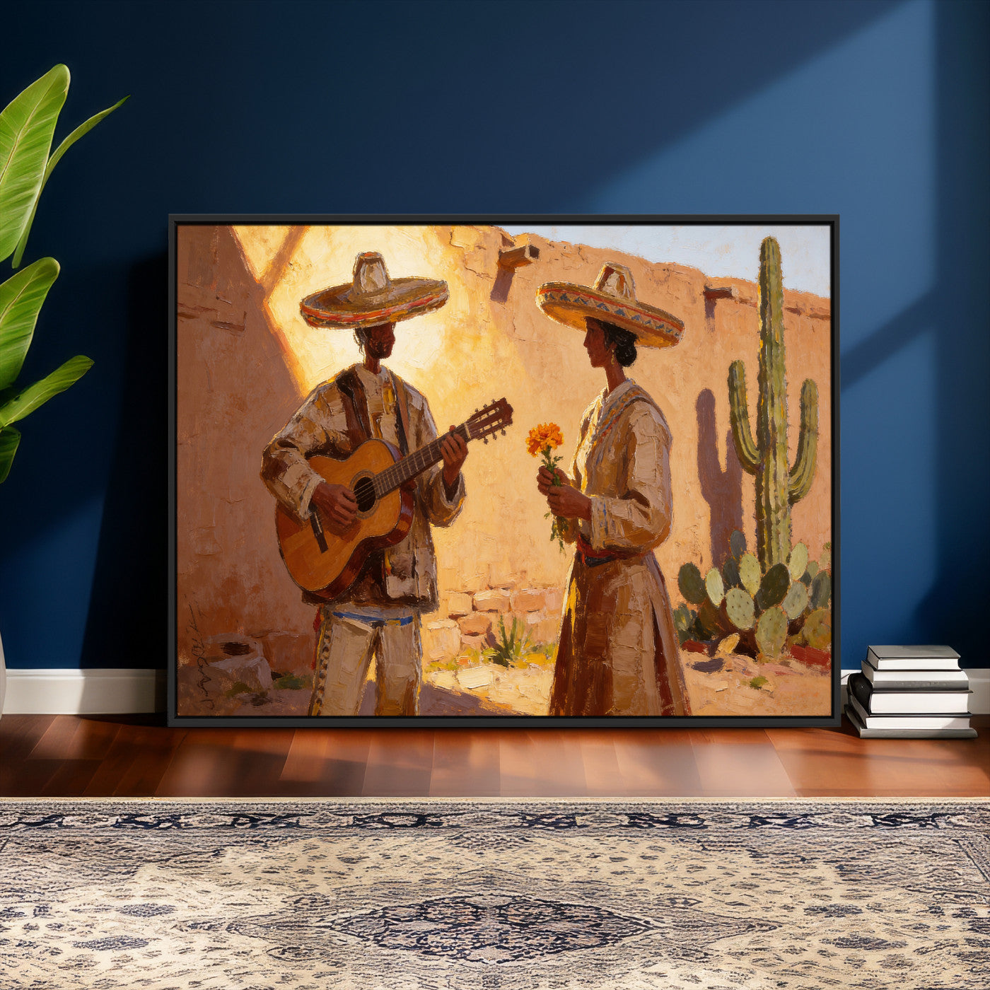 41849005-MGV-CV-36X24 - Mexican Couple Canvas Wall Art, Romantic Serenade Guitar Painting Print, Southwestern Desert Adobe Decor, Warm Golden Folk Art, Living Room Art