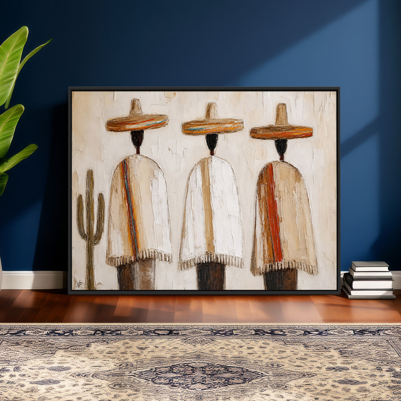 72884785-MGV-CV-36X24 - Mexican Folk Art Canvas Wall Art, Southwestern Sombrero Poncho Painting, Neutral Earthy Boho Decor, Fiesta Living Room Art, Impasto Style Print