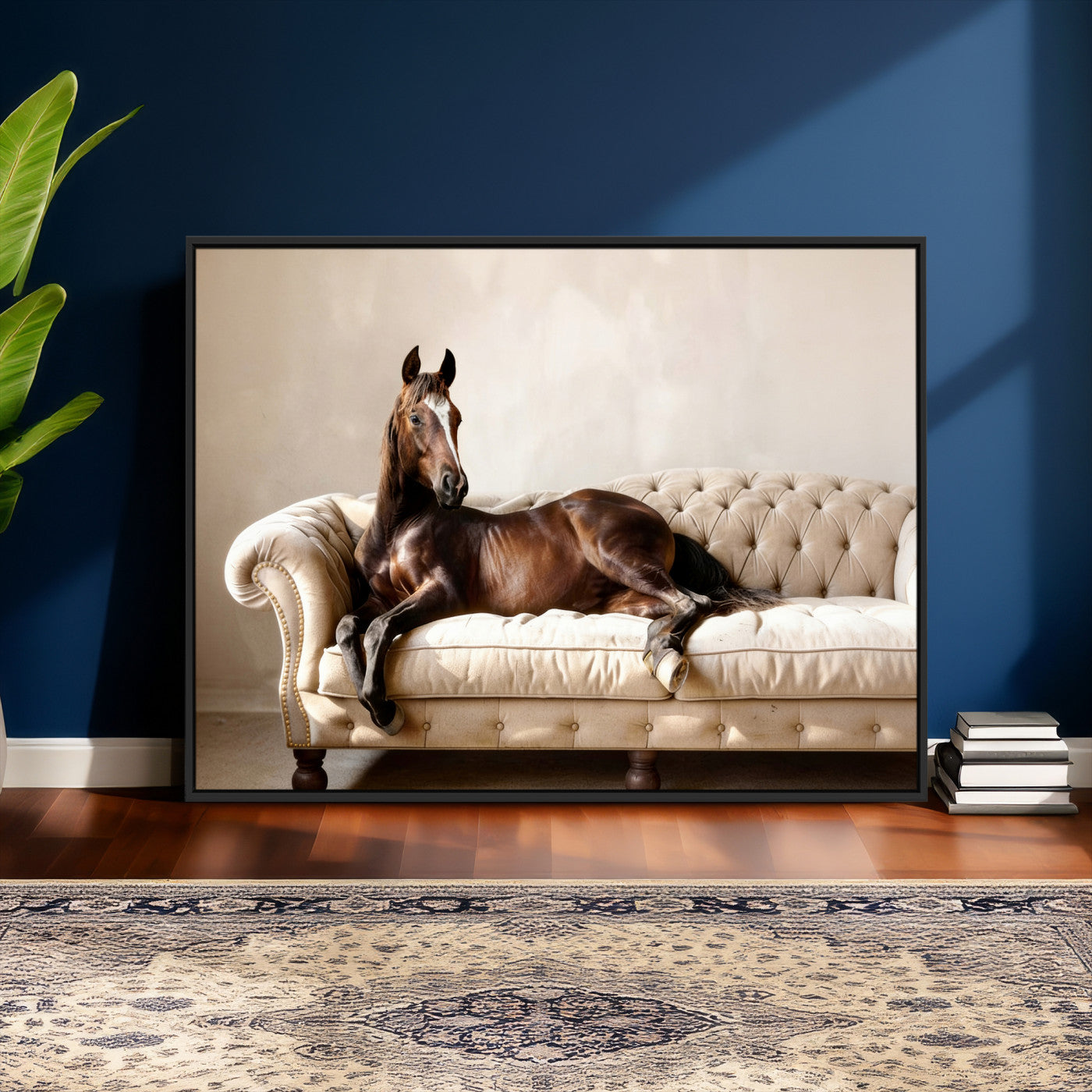 17716841-MGV-CV-36X24 - Funny Horse on Sofa Canvas Wall Art, Quirky Horse Lounging Photo Print, Whimsical Animal Decor, Living Room Conversation Art, Horse Lover Gift