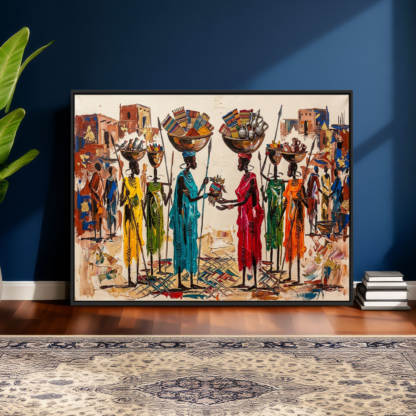 54818657-MGV-CV-36X24 - African Folk Art Canvas Wall Art, Colorful African Women Village Painting Print, Tribal Ethnic Home Decor, Vibrant African Art, Living Room