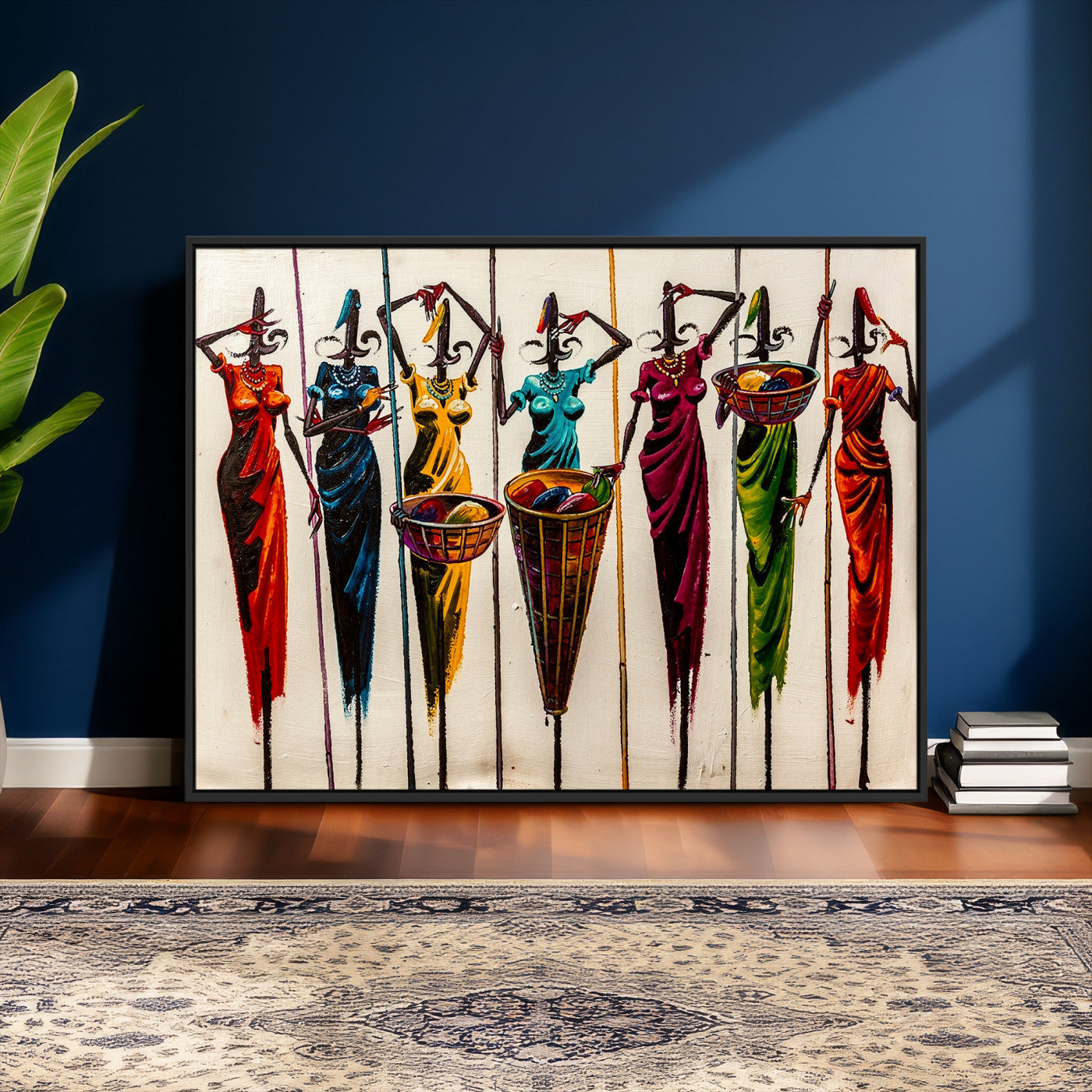53545627-MGV-CV-36X24 - African Folk Art Canvas Wall Art, Colorful African Women Village Painting Print, Tribal Ethnic Home Decor, Vibrant African Art, Living Room