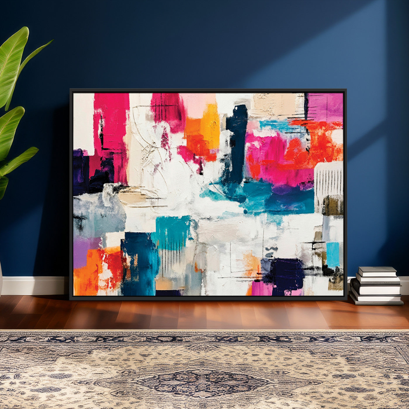 57864023-MGV-CV-36X24 - Blue Teal Abstract Canvas Wall Art | Modern Textured Painting Print, Navy Orange White Contemporary Art, Neutral Living Room Decor, Office Art