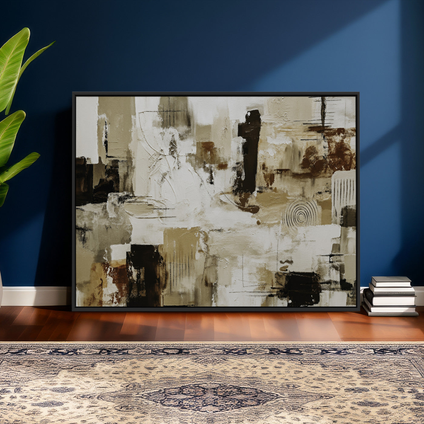 26560159-MGV-CV-36X24 - Blue Teal Abstract Canvas Wall Art, Modern Textured Painting Print, Navy Orange White Contemporary Art, Neutral Living Room Decor, Office Art