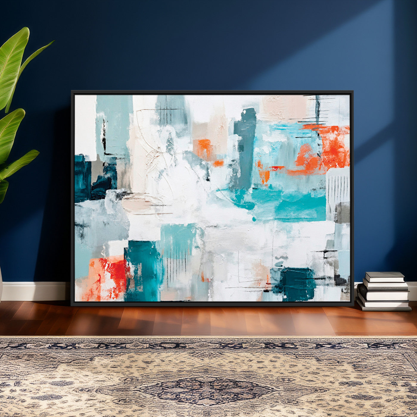 98638479-MGV-CV-36X24 - Blue Teal Abstract Canvas Wall Art | Modern Textured Painting Print, Navy Orange White Contemporary Art, Neutral Living Room Decor, Office Art