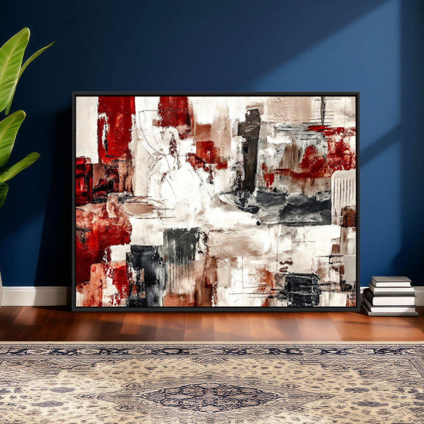 53022468-MGV-CV-36X24 - Blue Teal Abstract Canvas Wall Art, Modern Textured Painting Print, Navy Orange White Contemporary Art, Neutral Living Room Decor, Office Art