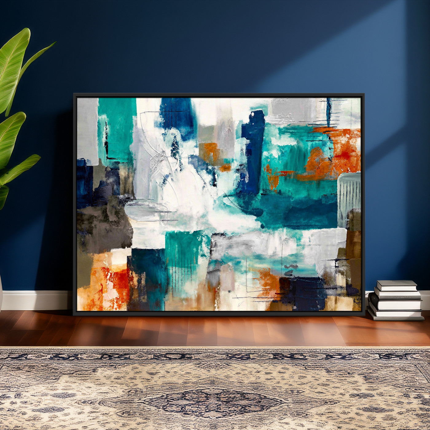 44038089-MGV-CV-36X24 - Blue Teal Abstract Canvas Wall Art, Modern Textured Painting Print, Navy Orange White Contemporary Art, Neutral Living Room Decor, Office Art