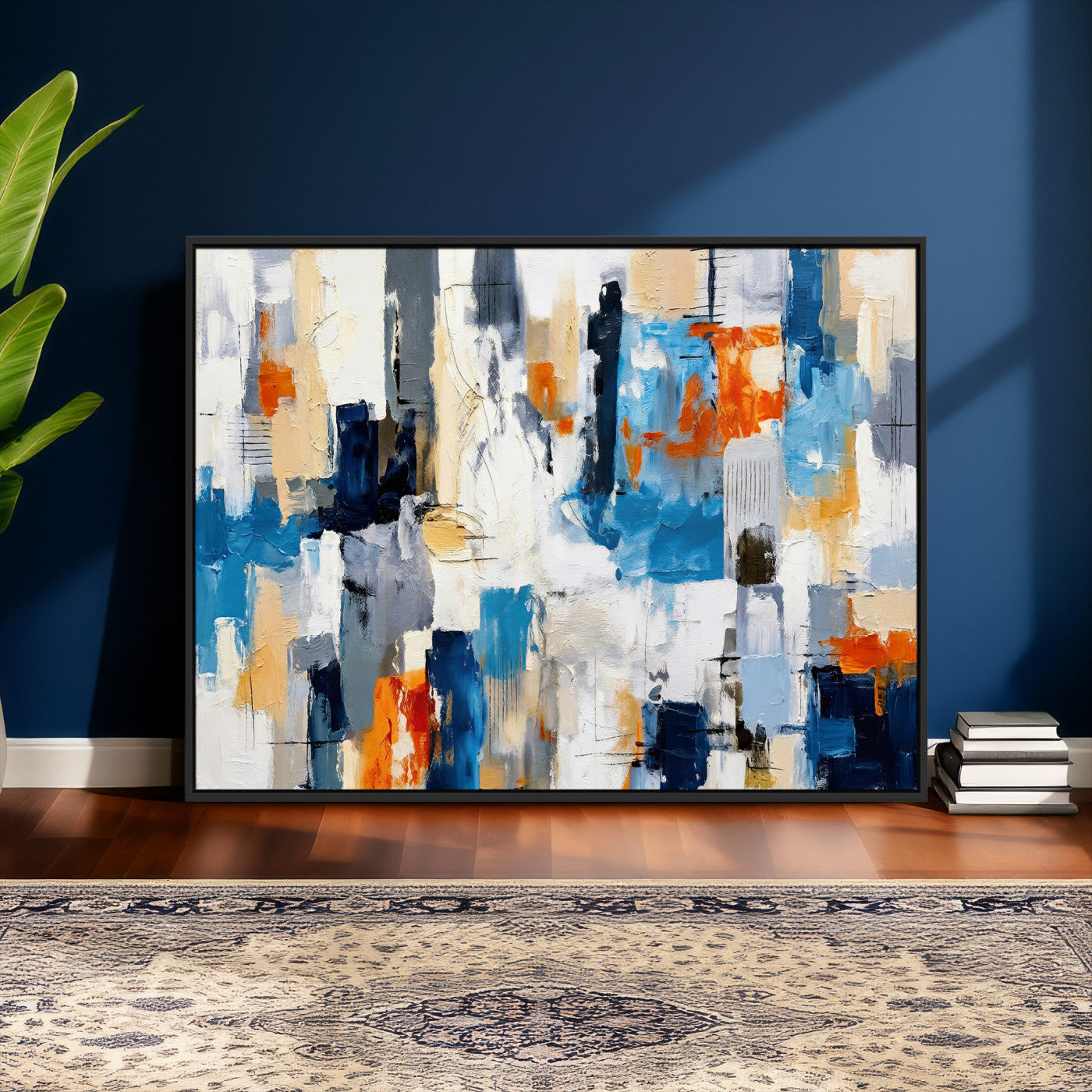 83915061-MGV-CV-36X24 - Blue Teal Abstract Canvas Wall Art, Modern Textured Painting Print, Navy Orange White Contemporary Art, Neutral Living Room Decor, Office Art