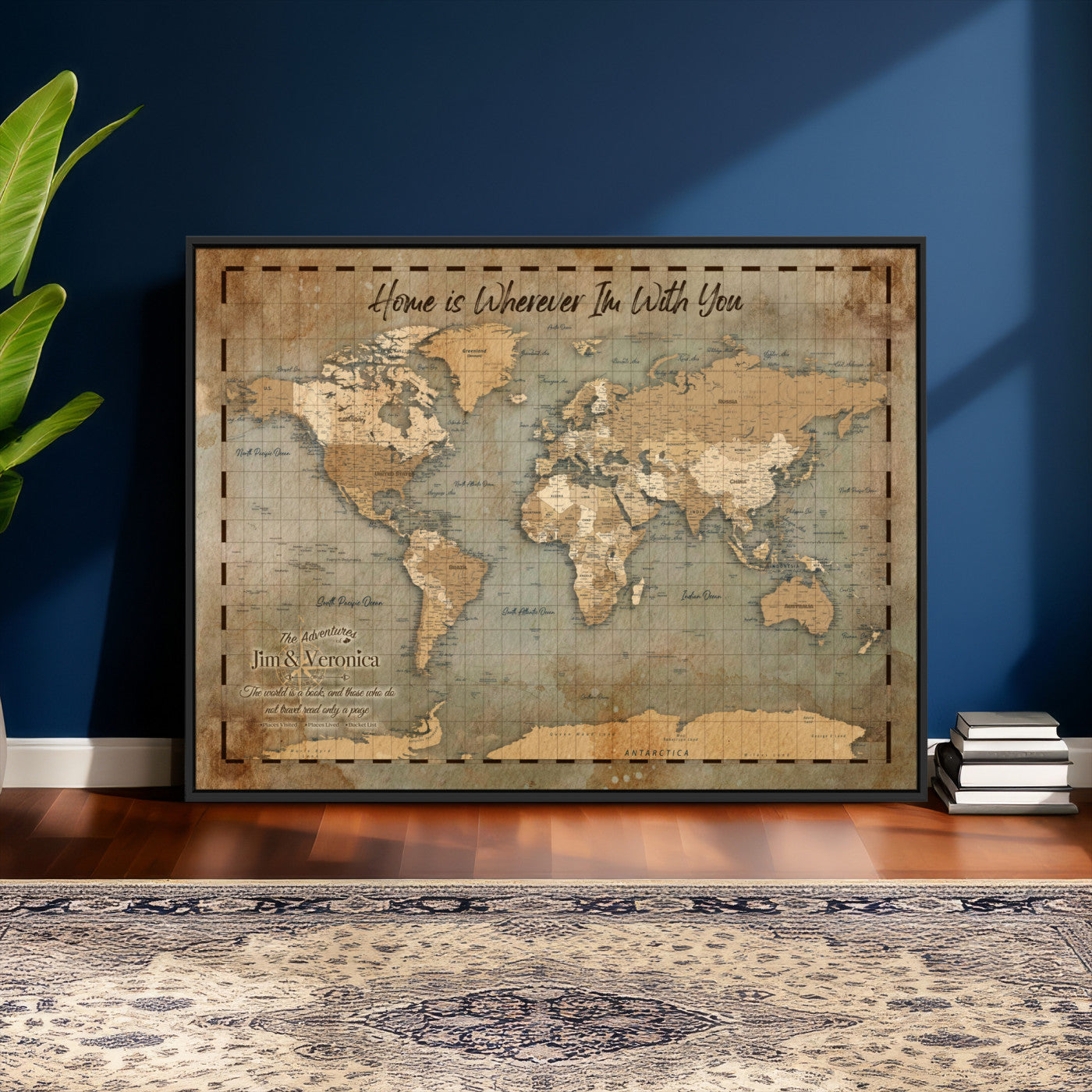 97123877-MGV-CV-36X24 - Vintage Custom Push Pin World Map Print - Vintage Travel Map Canvas, Personalized Names Anniversary Gift, Places Visited Pin Board