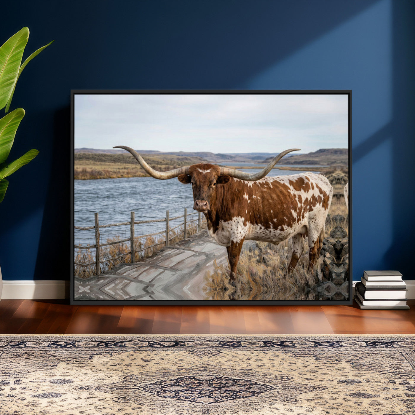 91575949-MGV-CV-36X24 - Texas Longhorn Cattle in Desert Pasture Wall Art Canvas Print - Rustic Western Decor