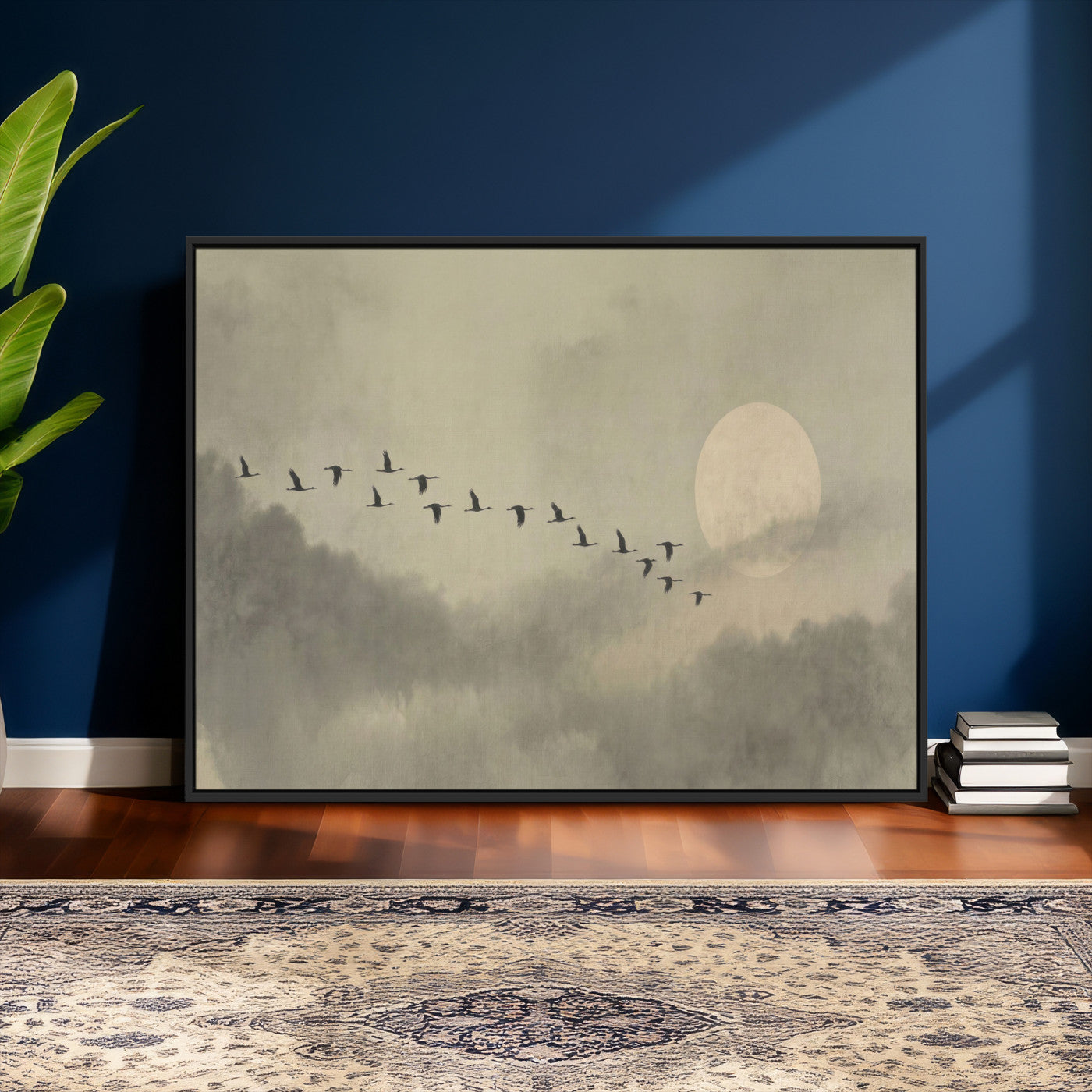 12098149-MGV-CV-36X24 - Flock of Birds Flying to Full Moon Wall Art Canvas Print - Vintage Surreal Clouds Painting