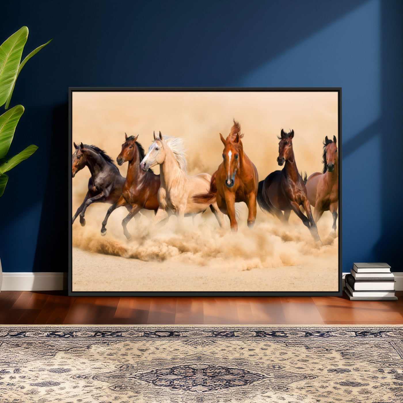 90610949-MGV-CV-36X24 - Herd of Six Wild Horses Galloping in Dust Storm Wall Art Canvas Print - Majestic Wildlife Decor