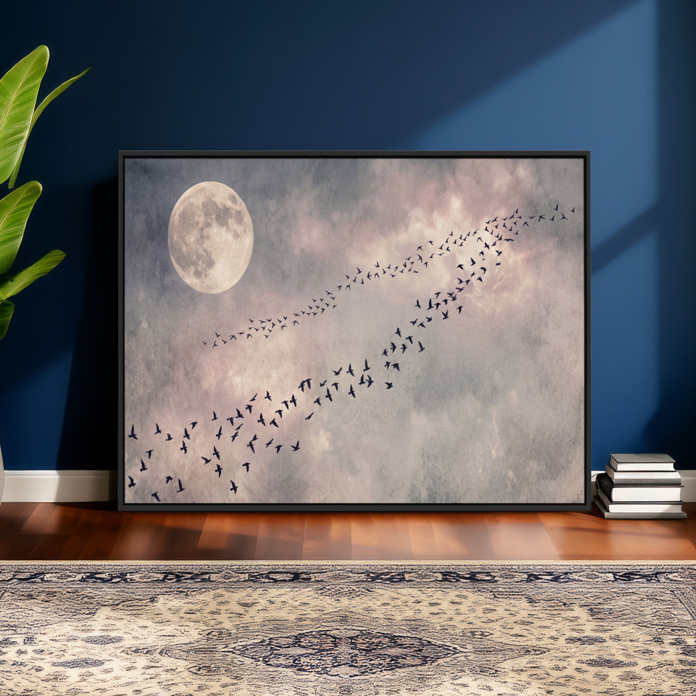 52339590-MGV-CV-36X24 - Birds Flying to Moon Wall Art Canvas Print - Vintage Surreal Night Sky Sky Print