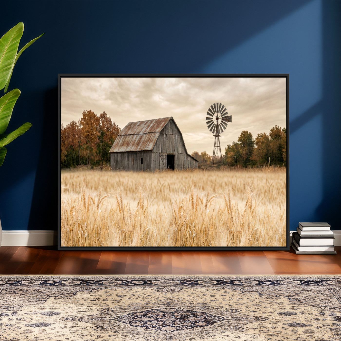 99640659-MGV-CV-36X24 - Rustic Farmhouse Barn and Windmill Wall Art Canvas Print, Country Landscape Photography Print