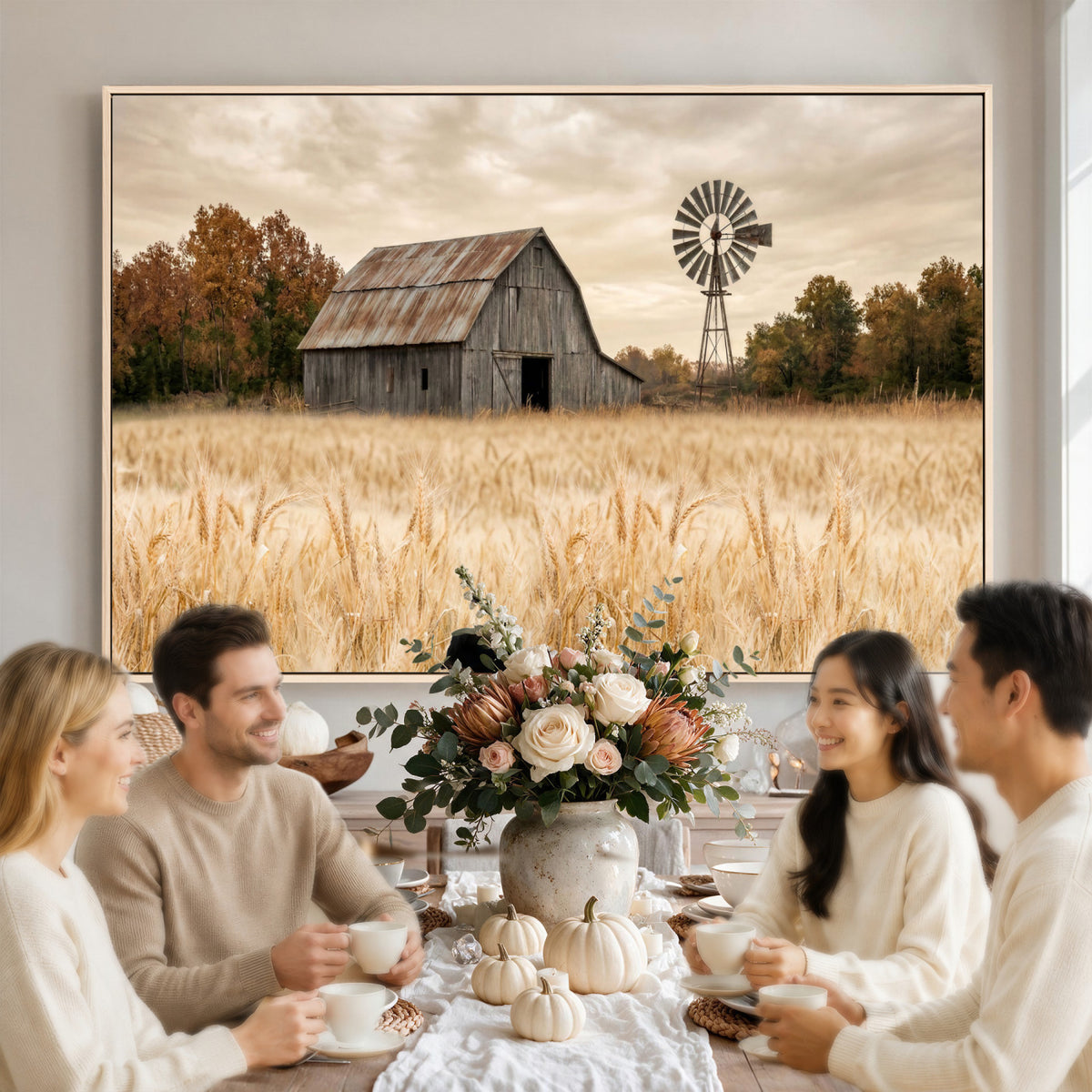 99640659-MGV-CV-36X24 - Rustic Farmhouse Barn and Windmill Wall Art Canvas Print, Country Landscape Photography Print