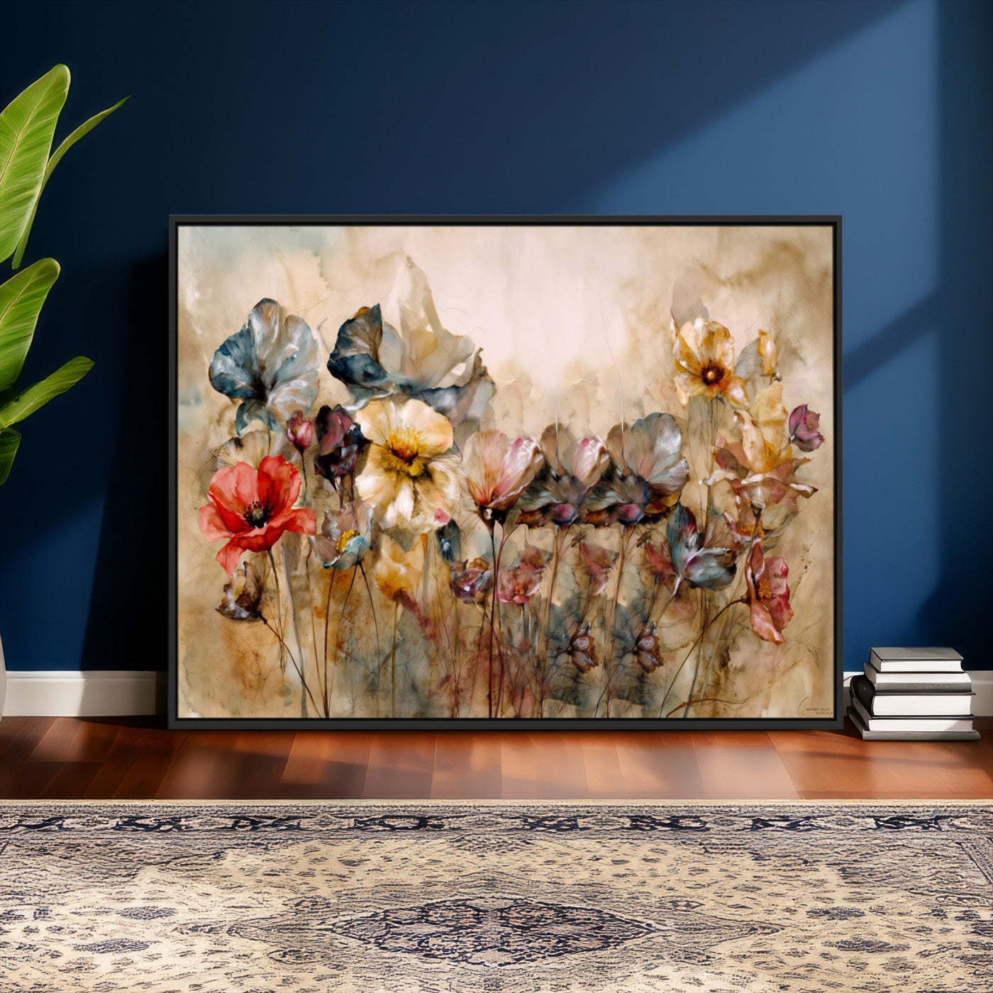 11407233-MGV-CV-36X24 - Vintage Dried Floral Meadow Wall Art Canvas Print, Translucent Watercolor Flowers Painting Print