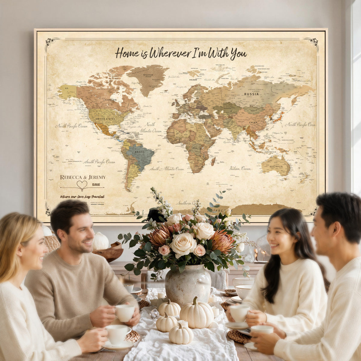 40086165SP-MGV-CV-36X24 - Custom Push Pin Travel Map Canvas Print, Cream Personalized Travel Tracker Map, Anniversary Gift, Vintage World Map Wall Art