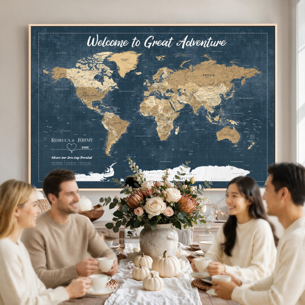 57167164-MGV-CV-36X24 - Custom Push Pin Travel Map Canvas Print, Cream Personalized Travel Tracker Map, Anniversary Gift, Vintage World Map Wall Art