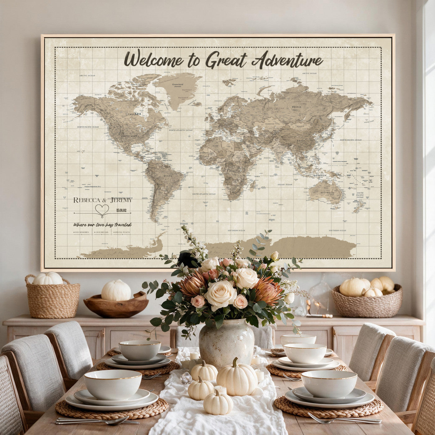 51180020-MGV-CV-36X24 - Custom Push Pin Travel Map Canvas Print, Cream Personalized Travel Tracker Map, Anniversary Gift, Vintage World Map Wall Art