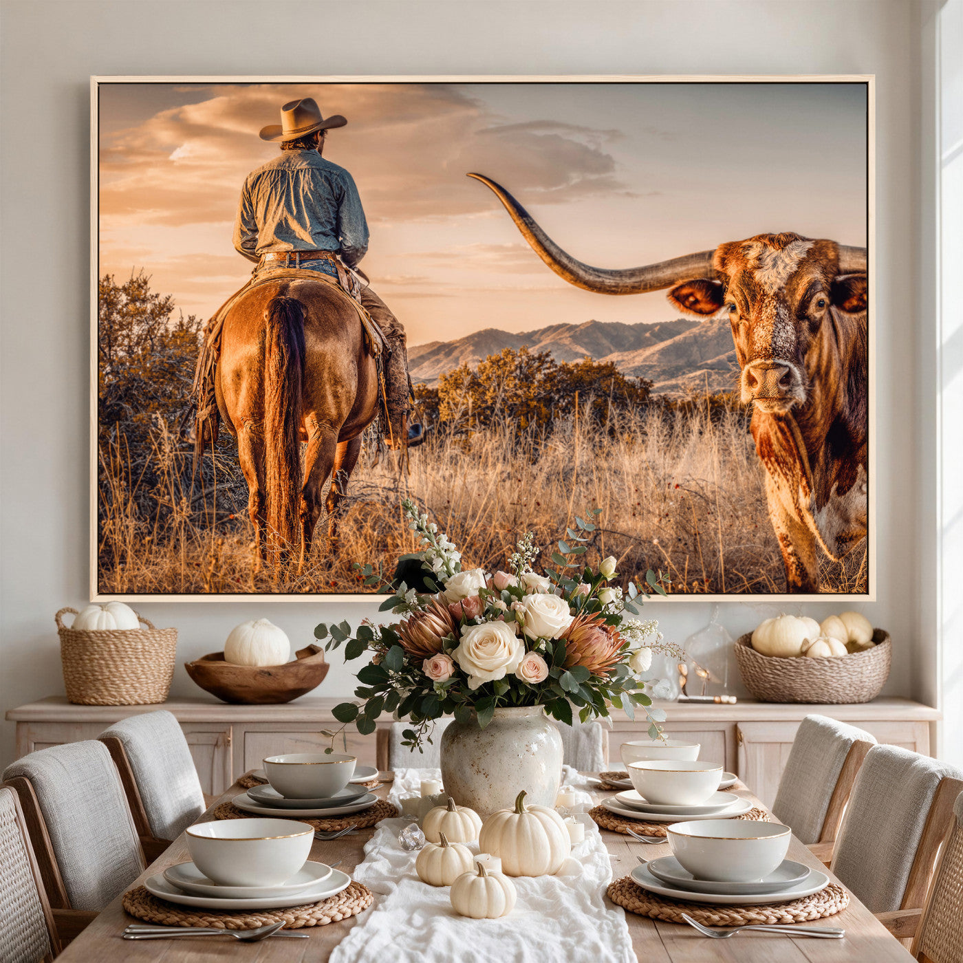 62076449C-MGV-CV-36X24 - Texas Cowboy and Longhorn Bull Print for Western Wall Art Decor for Farmhouse