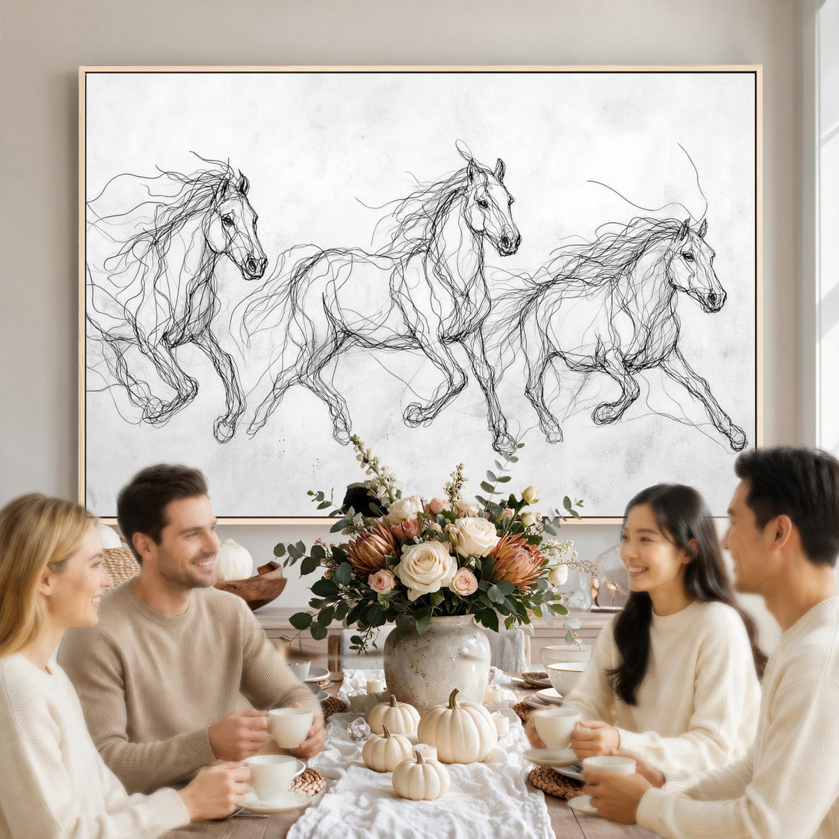53600119-MGV-CV-36X24 - Monochrome Horse Canvas Wall Art, Black Ink Sketch Wild Horses Print, Minimalist Equestrian Artwork, Modern Abstract Line Decor, Urban Loft Gift