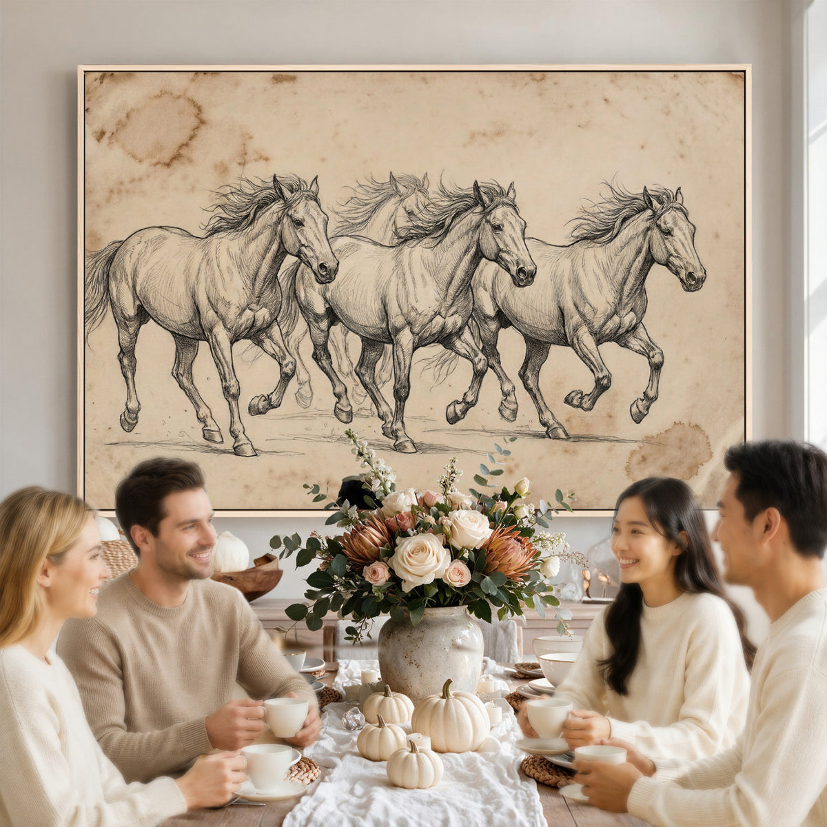 56046981-MGV-CV-36X24 - Sepia Wild Horses Canvas Art, Antique Pencil Drawing Print, Vintage Gallery Wall Decor, Rustic Equestrian Artwork, Traditional Den Gift