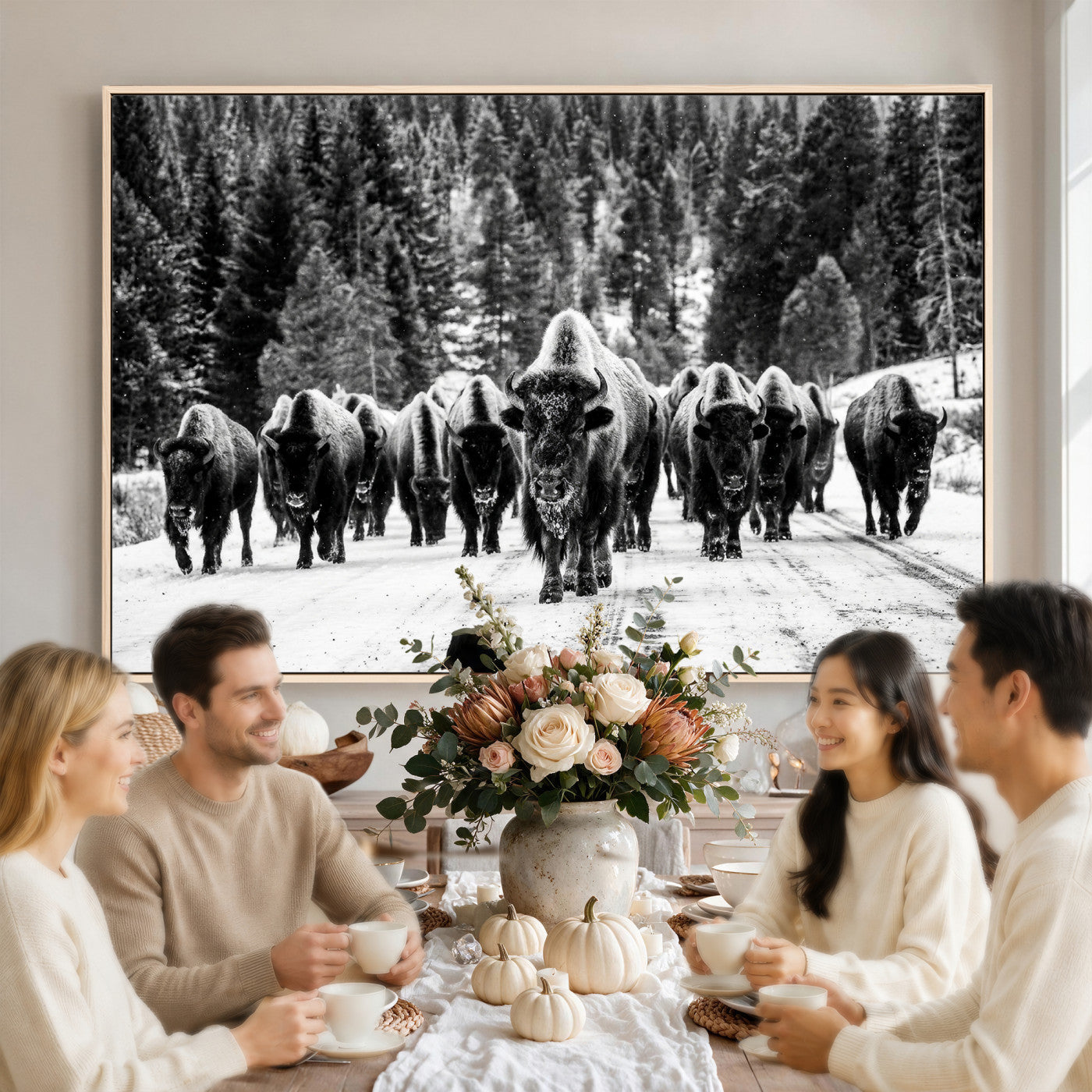 79337077-MGV-CV-36X24 - Black and White Bison Canvas Art, American Buffalo Print, Winter Wildlife Photography, Rustic Forest Wall Decor, Large Statement Nature Gift
