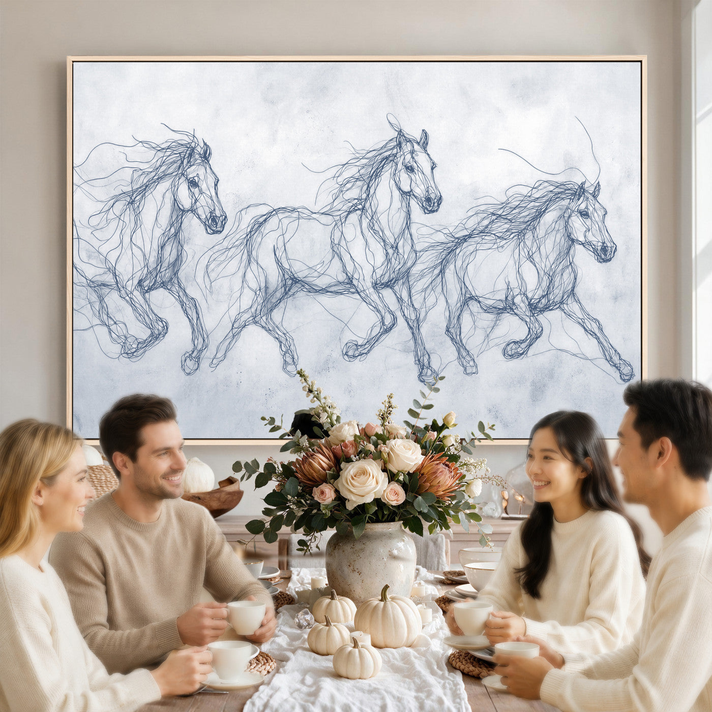 41163601-MGV-CV-36X24 - Indigo Blue Horse Line Art Canvas, Steel Grey Wild Horses Print, Abstract Navy Scribble Artwork, Modern Slate Equine Wall Decor, Coastal Ranch Gift